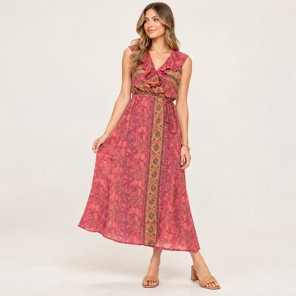 3350 | Anthro Raga Passion Wrap Dress Boho Gypsy Peasant Paisley Maxi Pink Small